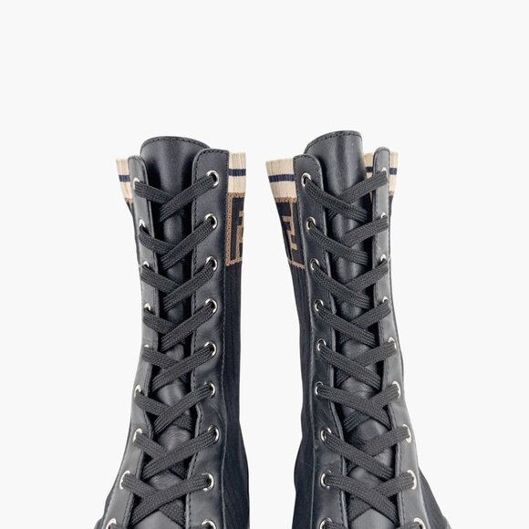 Fendi Rockoko Combat Boots EU 42 US 12 Black Leather FF Zucca Lace Up Sock - Picture 5 of 14